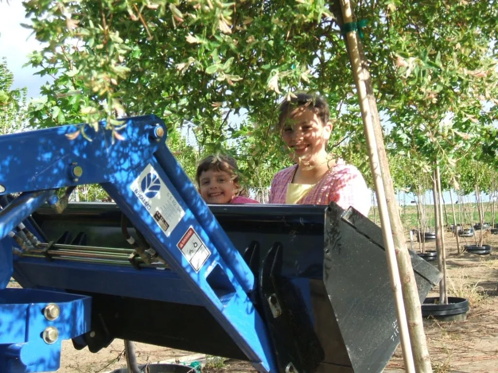 Bearded man driving a blue tractor with four children riding in the front loader